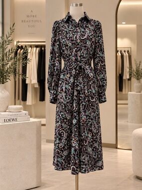 Ann Taylor Black Paisley Floral Midi Shirtdress with Teal Accents / fits medium